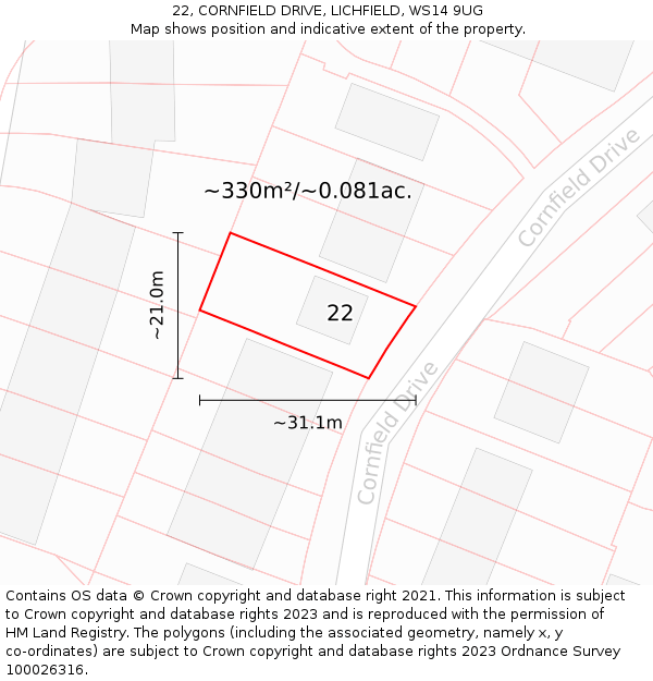 22, CORNFIELD DRIVE, LICHFIELD, WS14 9UG: Plot and title map