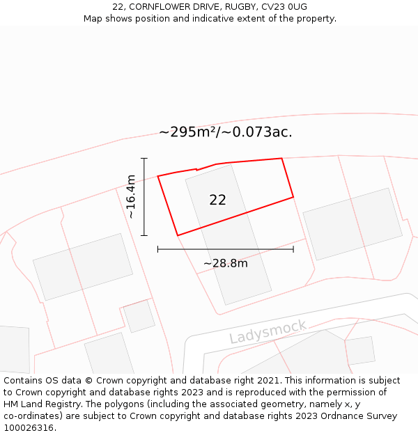 22, CORNFLOWER DRIVE, RUGBY, CV23 0UG: Plot and title map