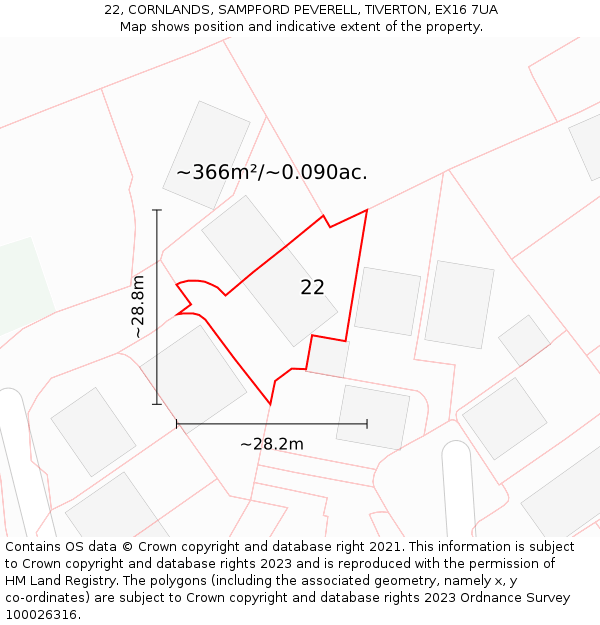 22, CORNLANDS, SAMPFORD PEVERELL, TIVERTON, EX16 7UA: Plot and title map