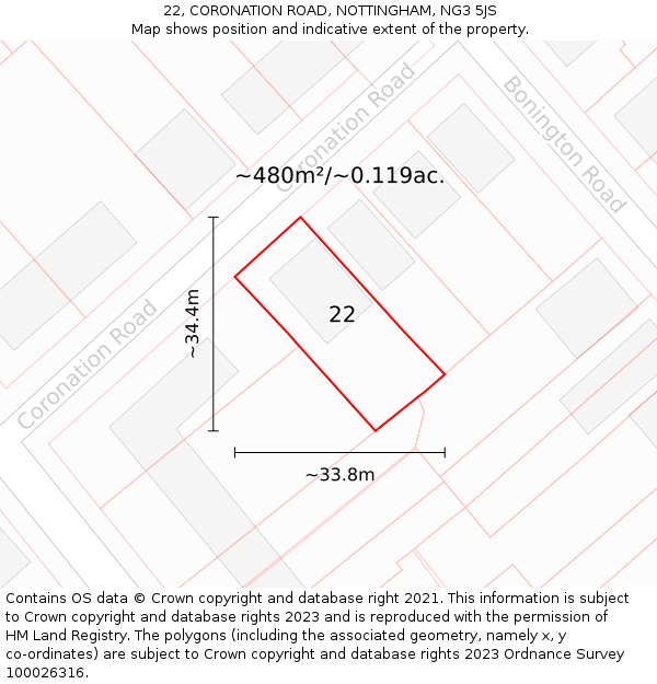 22, CORONATION ROAD, NOTTINGHAM, NG3 5JS: Plot and title map