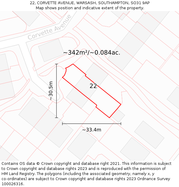 22, CORVETTE AVENUE, WARSASH, SOUTHAMPTON, SO31 9AP: Plot and title map