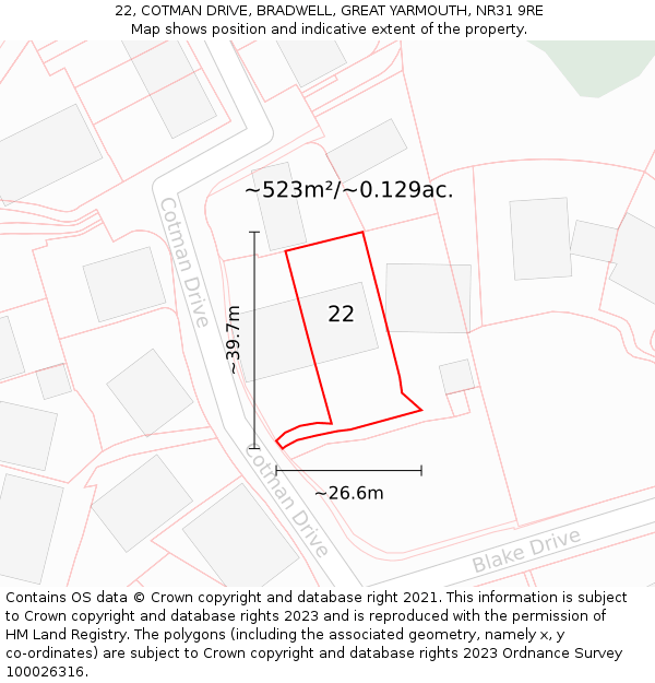 22, COTMAN DRIVE, BRADWELL, GREAT YARMOUTH, NR31 9RE: Plot and title map
