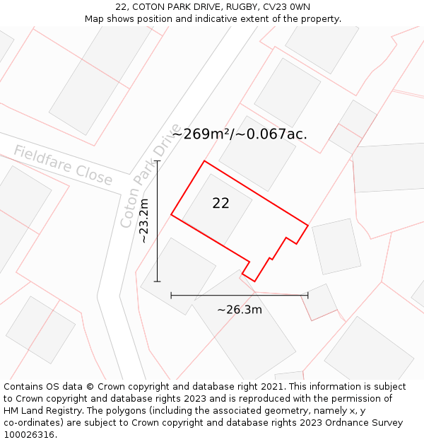 22, COTON PARK DRIVE, RUGBY, CV23 0WN: Plot and title map