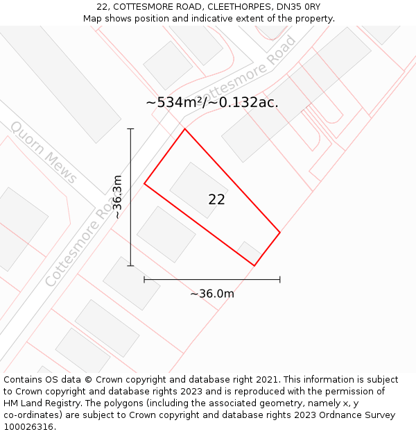 22, COTTESMORE ROAD, CLEETHORPES, DN35 0RY: Plot and title map