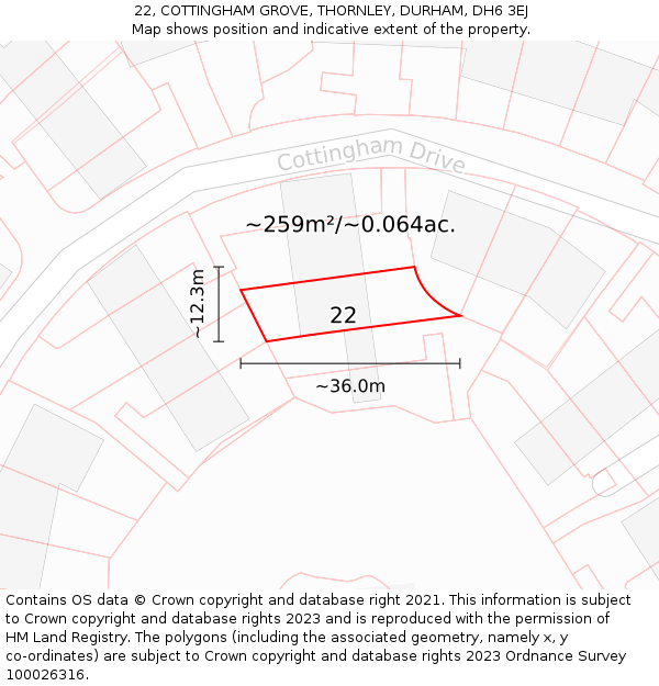 22, COTTINGHAM GROVE, THORNLEY, DURHAM, DH6 3EJ: Plot and title map