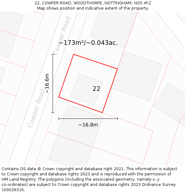 22, COWPER ROAD, WOODTHORPE, NOTTINGHAM, NG5 4FZ: Plot and title map