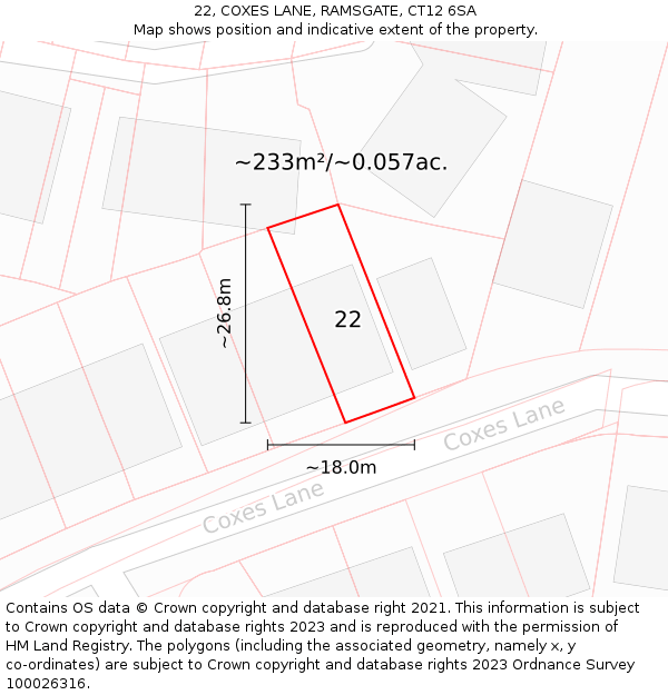 22, COXES LANE, RAMSGATE, CT12 6SA: Plot and title map