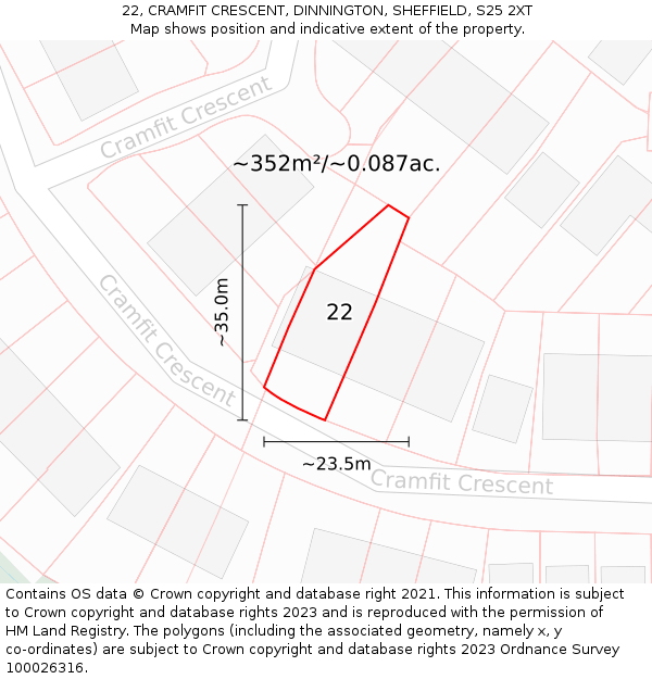 22, CRAMFIT CRESCENT, DINNINGTON, SHEFFIELD, S25 2XT: Plot and title map