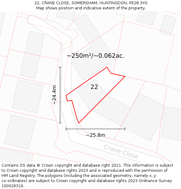 22, CRANE CLOSE, SOMERSHAM, HUNTINGDON, PE28 3YG: Plot and title map