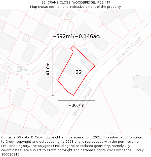 22, CRANE CLOSE, WOODBRIDGE, IP12 4TF: Plot and title map