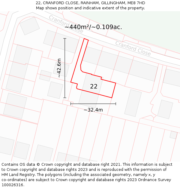 22, CRANFORD CLOSE, RAINHAM, GILLINGHAM, ME8 7HD: Plot and title map
