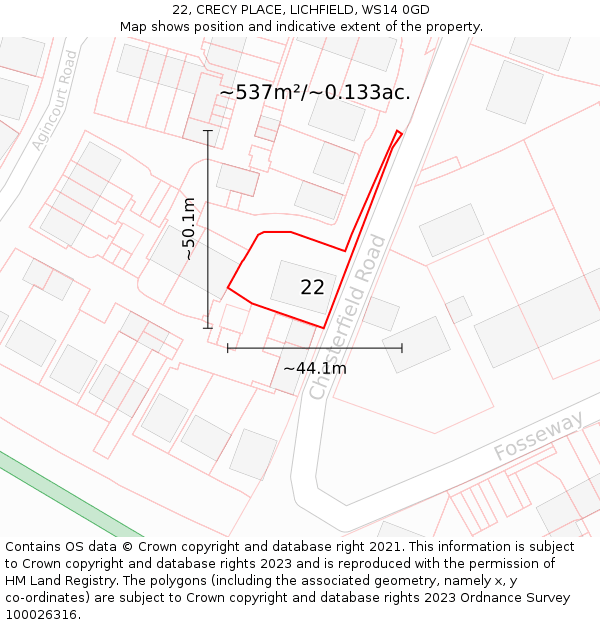22, CRECY PLACE, LICHFIELD, WS14 0GD: Plot and title map