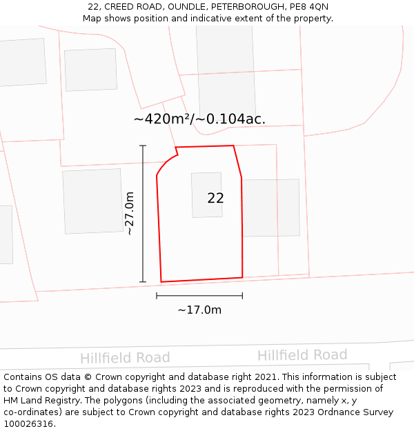 22, CREED ROAD, OUNDLE, PETERBOROUGH, PE8 4QN: Plot and title map