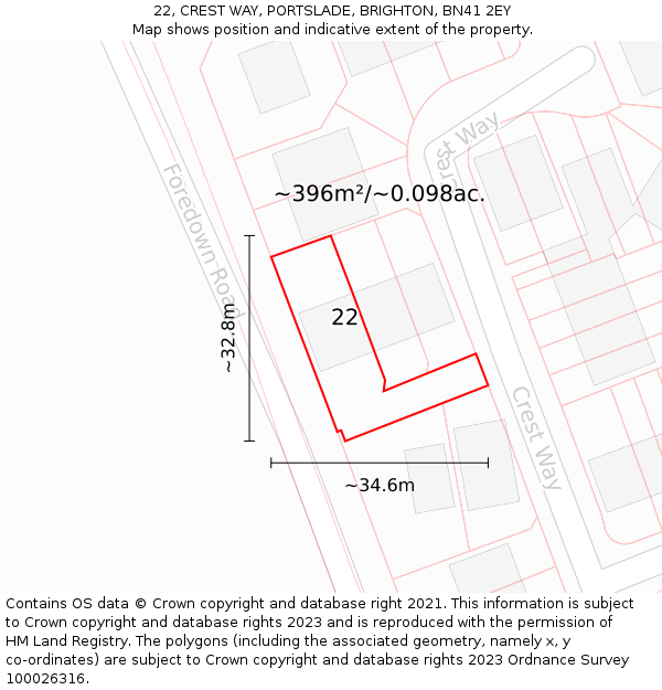 22, CREST WAY, PORTSLADE, BRIGHTON, BN41 2EY: Plot and title map