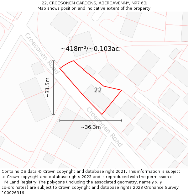 22, CROESONEN GARDENS, ABERGAVENNY, NP7 6BJ: Plot and title map