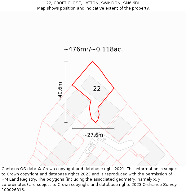22, CROFT CLOSE, LATTON, SWINDON, SN6 6DL: Plot and title map