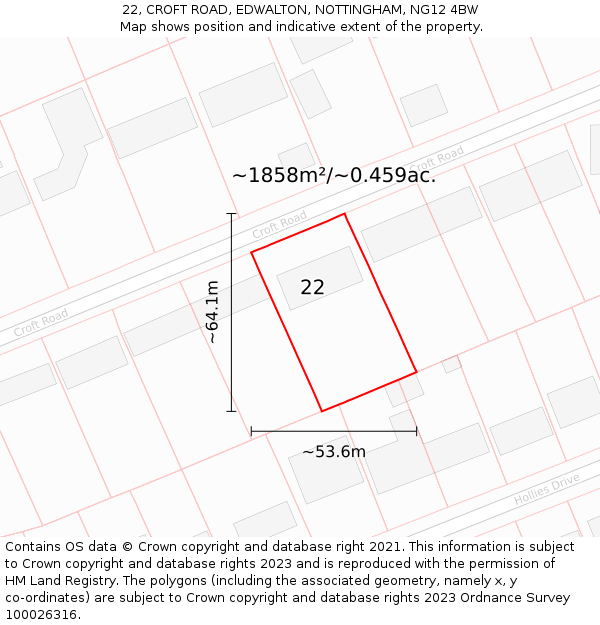 22, CROFT ROAD, EDWALTON, NOTTINGHAM, NG12 4BW: Plot and title map