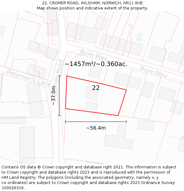 22, CROMER ROAD, AYLSHAM, NORWICH, NR11 6HE: Plot and title map