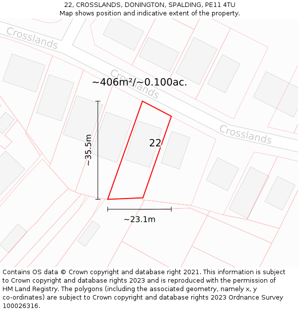 22, CROSSLANDS, DONINGTON, SPALDING, PE11 4TU: Plot and title map