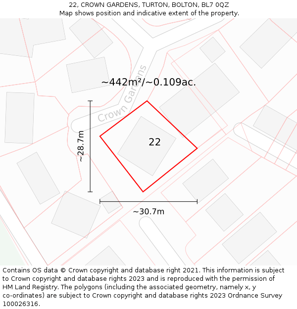 22, CROWN GARDENS, TURTON, BOLTON, BL7 0QZ: Plot and title map