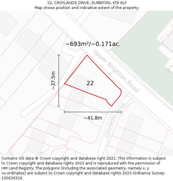 22, CROYLANDS DRIVE, SURBITON, KT6 6LF: Plot and title map