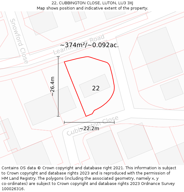 22, CUBBINGTON CLOSE, LUTON, LU3 3XJ: Plot and title map