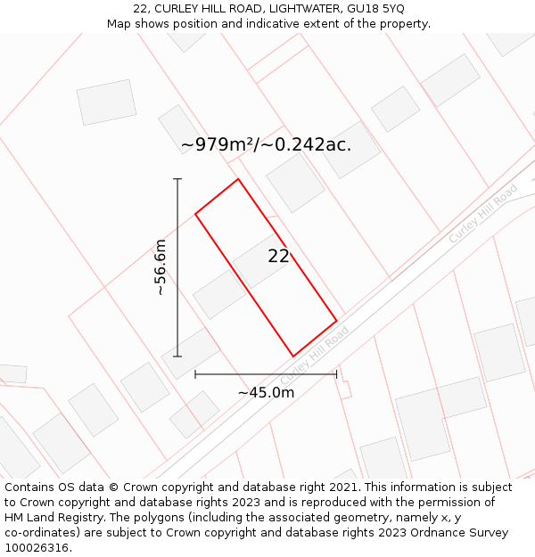 22, CURLEY HILL ROAD, LIGHTWATER, GU18 5YQ: Plot and title map