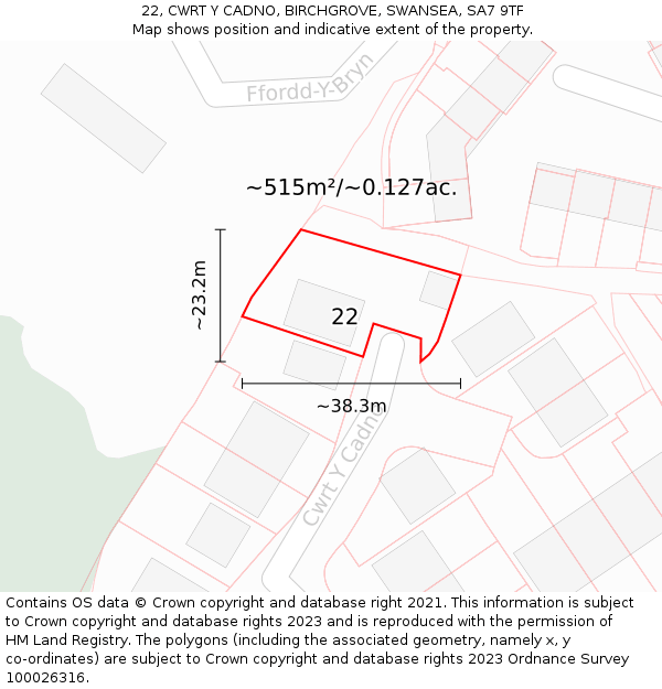 22, CWRT Y CADNO, BIRCHGROVE, SWANSEA, SA7 9TF: Plot and title map