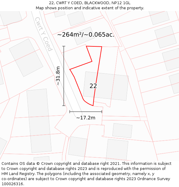 22, CWRT Y COED, BLACKWOOD, NP12 1GL: Plot and title map