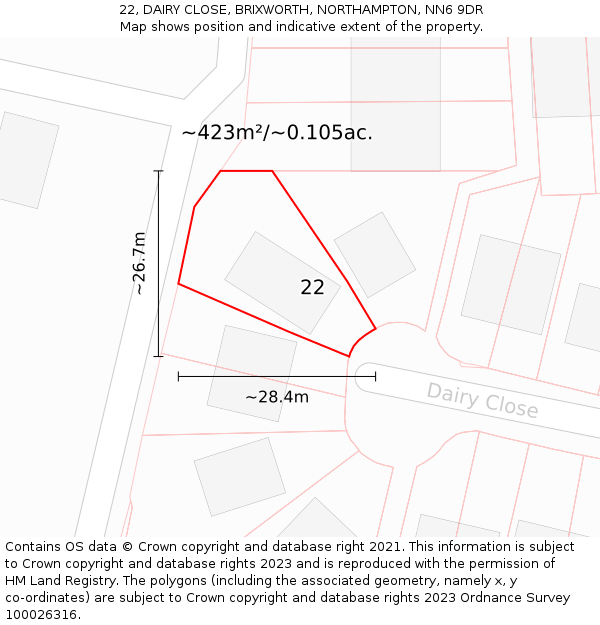 22, DAIRY CLOSE, BRIXWORTH, NORTHAMPTON, NN6 9DR: Plot and title map