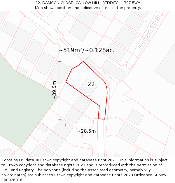 22, DAMSON CLOSE, CALLOW HILL, REDDITCH, B97 5WA: Plot and title map