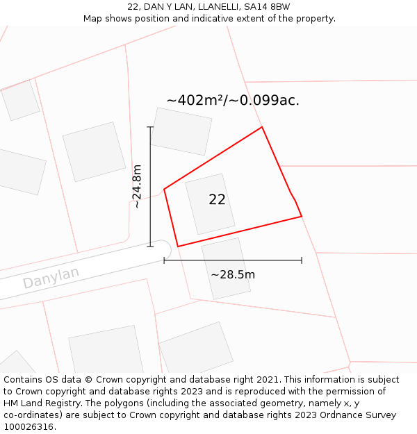 22, DAN Y LAN, LLANELLI, SA14 8BW: Plot and title map