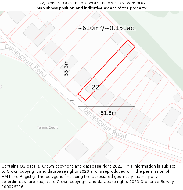 22, DANESCOURT ROAD, WOLVERHAMPTON, WV6 9BG: Plot and title map