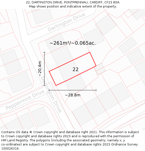 22, DARTINGTON DRIVE, PONTPRENNAU, CARDIFF, CF23 8SA: Plot and title map