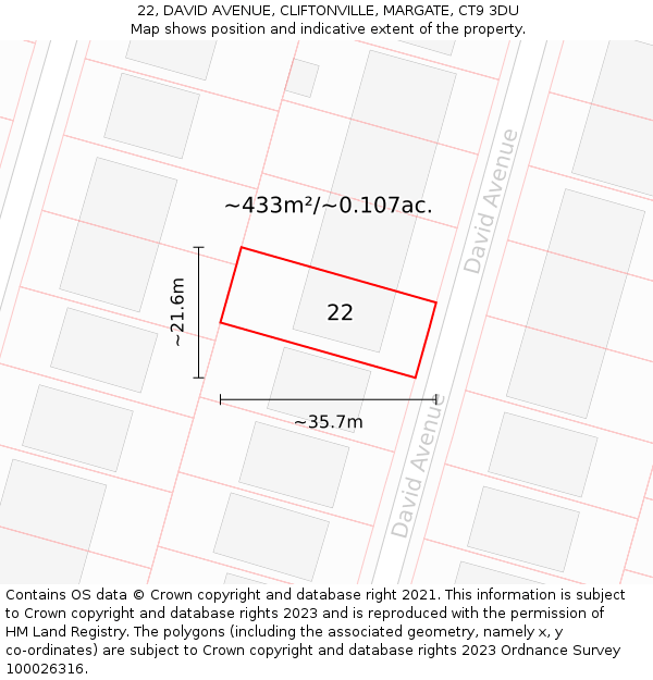 22, DAVID AVENUE, CLIFTONVILLE, MARGATE, CT9 3DU: Plot and title map