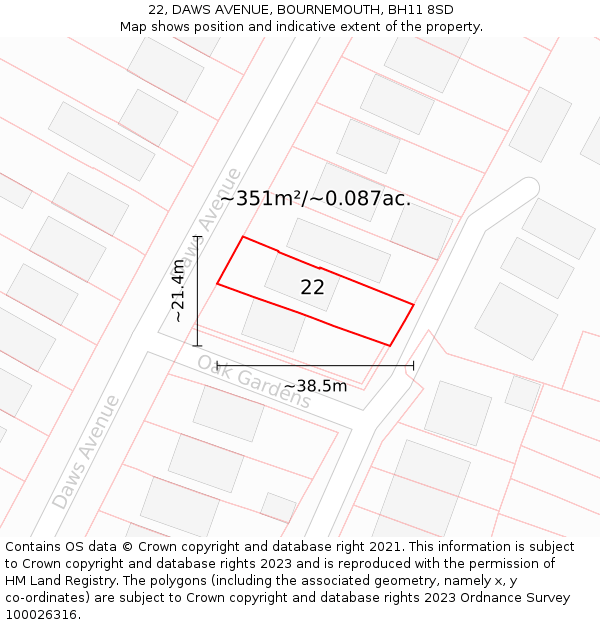 22, DAWS AVENUE, BOURNEMOUTH, BH11 8SD: Plot and title map