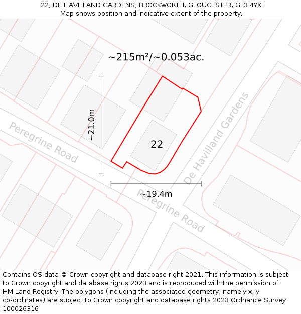 22, DE HAVILLAND GARDENS, BROCKWORTH, GLOUCESTER, GL3 4YX: Plot and title map