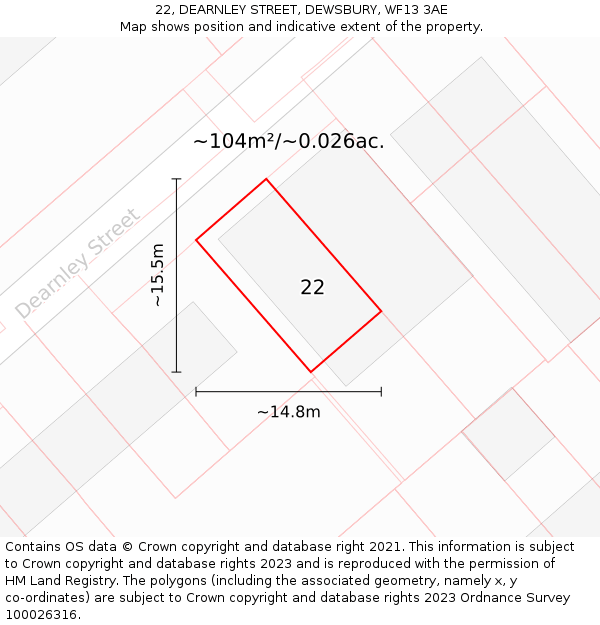 22, DEARNLEY STREET, DEWSBURY, WF13 3AE: Plot and title map
