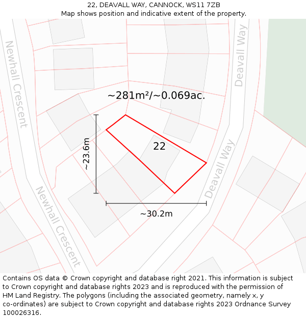 22, DEAVALL WAY, CANNOCK, WS11 7ZB: Plot and title map