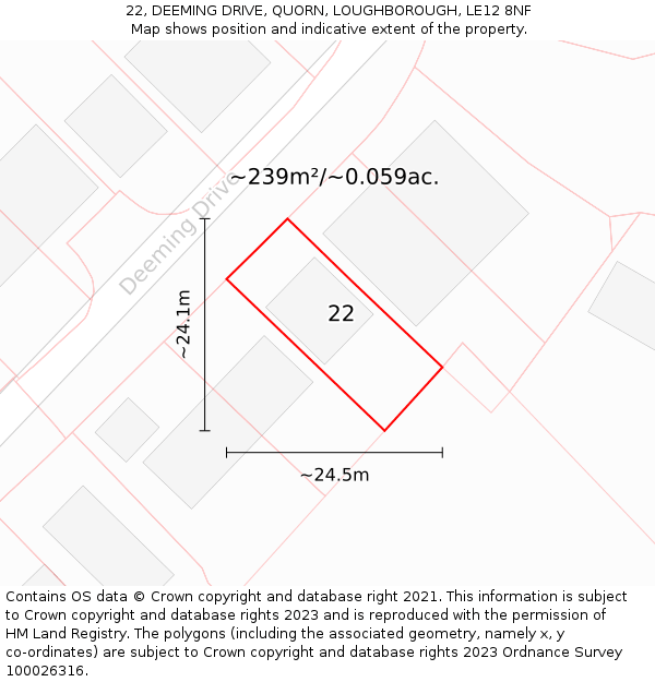 22, DEEMING DRIVE, QUORN, LOUGHBOROUGH, LE12 8NF: Plot and title map