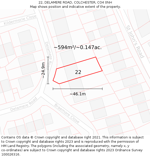 22, DELAMERE ROAD, COLCHESTER, CO4 0NH: Plot and title map