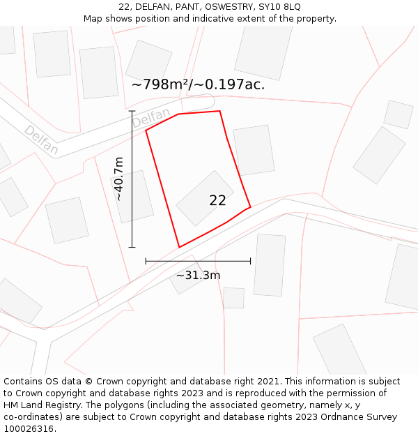 22, DELFAN, PANT, OSWESTRY, SY10 8LQ: Plot and title map