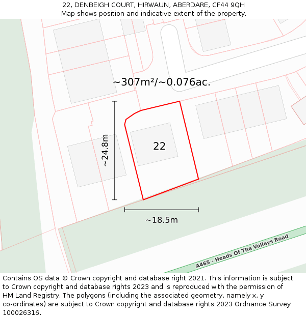 22, DENBEIGH COURT, HIRWAUN, ABERDARE, CF44 9QH: Plot and title map