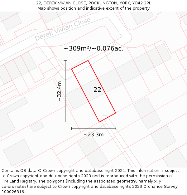 22, DEREK VIVIAN CLOSE, POCKLINGTON, YORK, YO42 2PL: Plot and title map