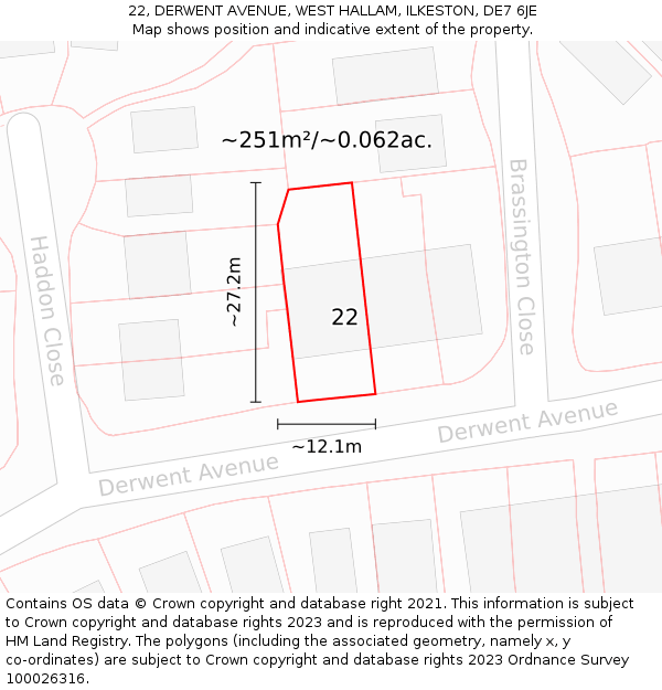 22, DERWENT AVENUE, WEST HALLAM, ILKESTON, DE7 6JE: Plot and title map