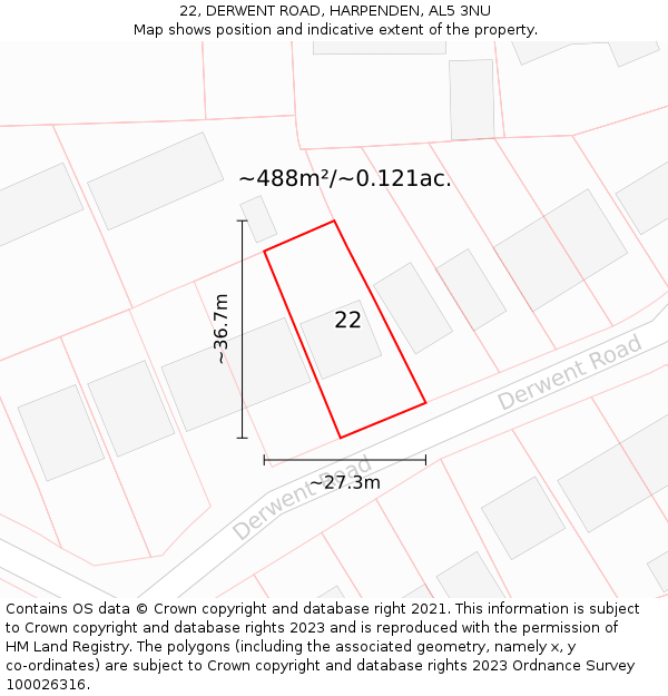 22, DERWENT ROAD, HARPENDEN, AL5 3NU: Plot and title map