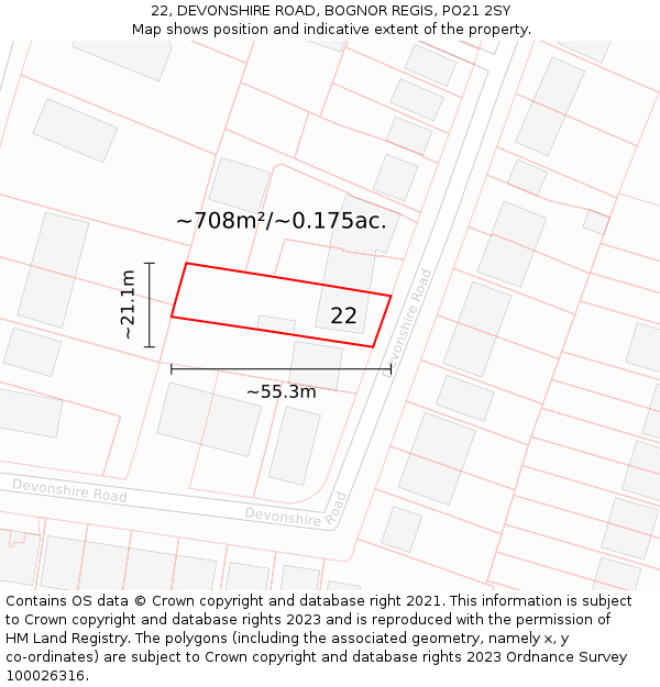 22, DEVONSHIRE ROAD, BOGNOR REGIS, PO21 2SY: Plot and title map