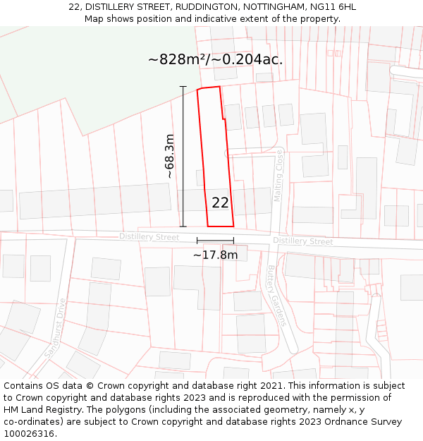 22, DISTILLERY STREET, RUDDINGTON, NOTTINGHAM, NG11 6HL: Plot and title map