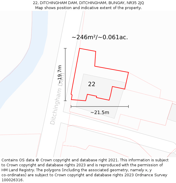 22, DITCHINGHAM DAM, DITCHINGHAM, BUNGAY, NR35 2JQ: Plot and title map