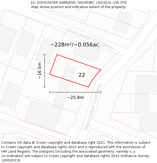 22, DONCASTER GARDENS, NAVENBY, LINCOLN, LN5 0TQ: Plot and title map